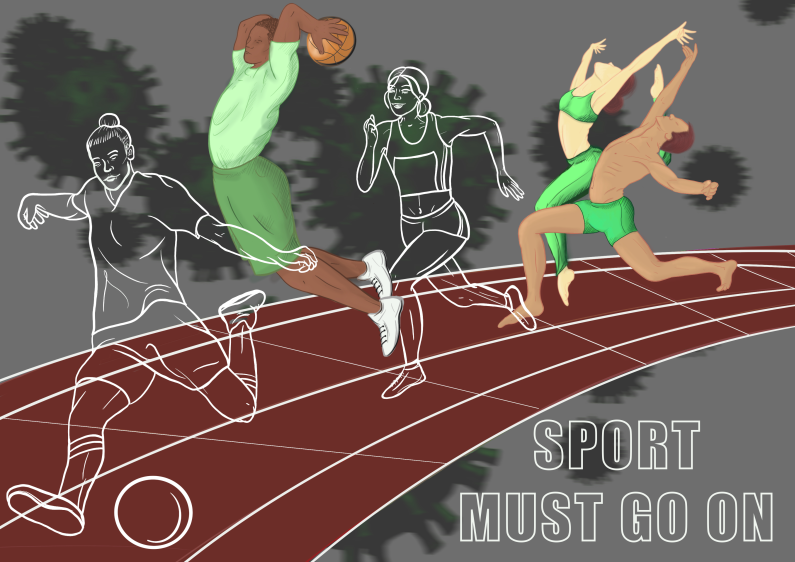 Animierte Grafik zeigt eine Laufbahn mit mehreren Silhouetten von Sportlern. Im Hintergrund sind Darstellungen des COVID19-Virus schemenhaft zu sehen. Unten rechts steht der Schriftzug "Sport must go on".