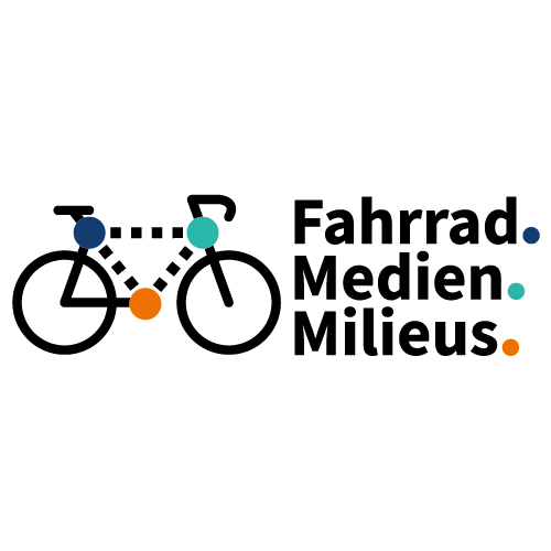 Das Bild zeigt das Logo des Forschungsprojektes "Fahrrad-Medien-Milieus". Dieses ist ein Fahrrad-Icon mit gestrichelten Linien und drei Punkten, die die Erforschung von Zusammenhängen zwischen Milieuzugehörigkeit, Medienkonsum und Lebenswelt zum Radfahren symbolisieren sollen.