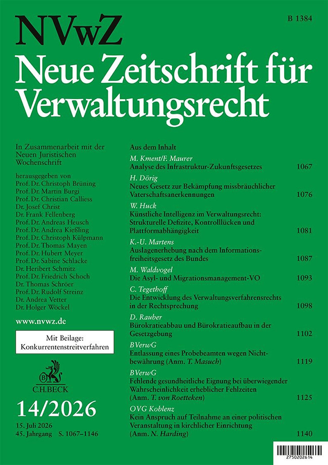 Cover der Zeitschrift "Neue Zeitschrift für Verwaltungsrecht" (NVwZ) 14/2026, auf dem unter anderem der Beitrag von Prof. Dr. genannt ist.