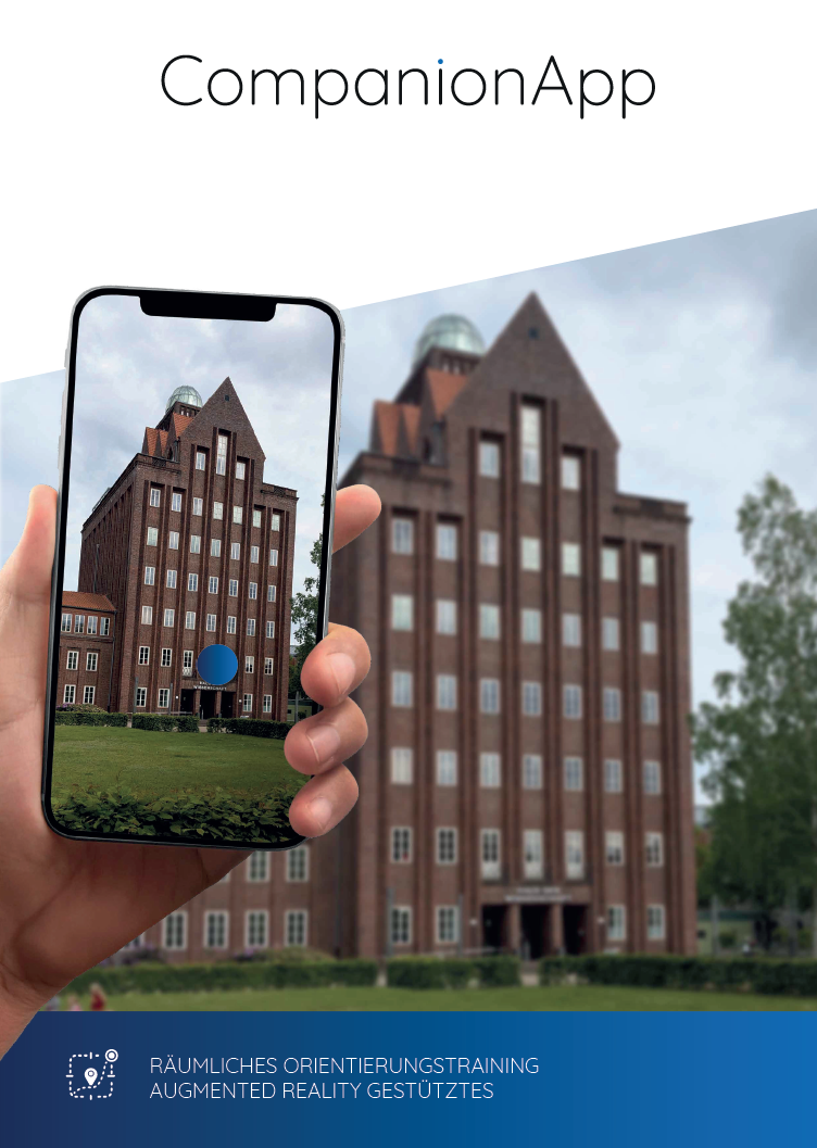 Grafische Darstellung der 'CompanionApp' zur räumlichen Orientierung: Eine Hand hält ein Smartphone vor ein historisches Backsteingebäude (TU Braunschweig, Altgebäude). Auf dem Display des Smartphones ist das gleiche Gebäude zu sehen, ergänzt um eine hervorgehobene blaue Markierung, die eine Augmented-Reality-Funktion für das Training der räumlichen Orientierung visualisiert.